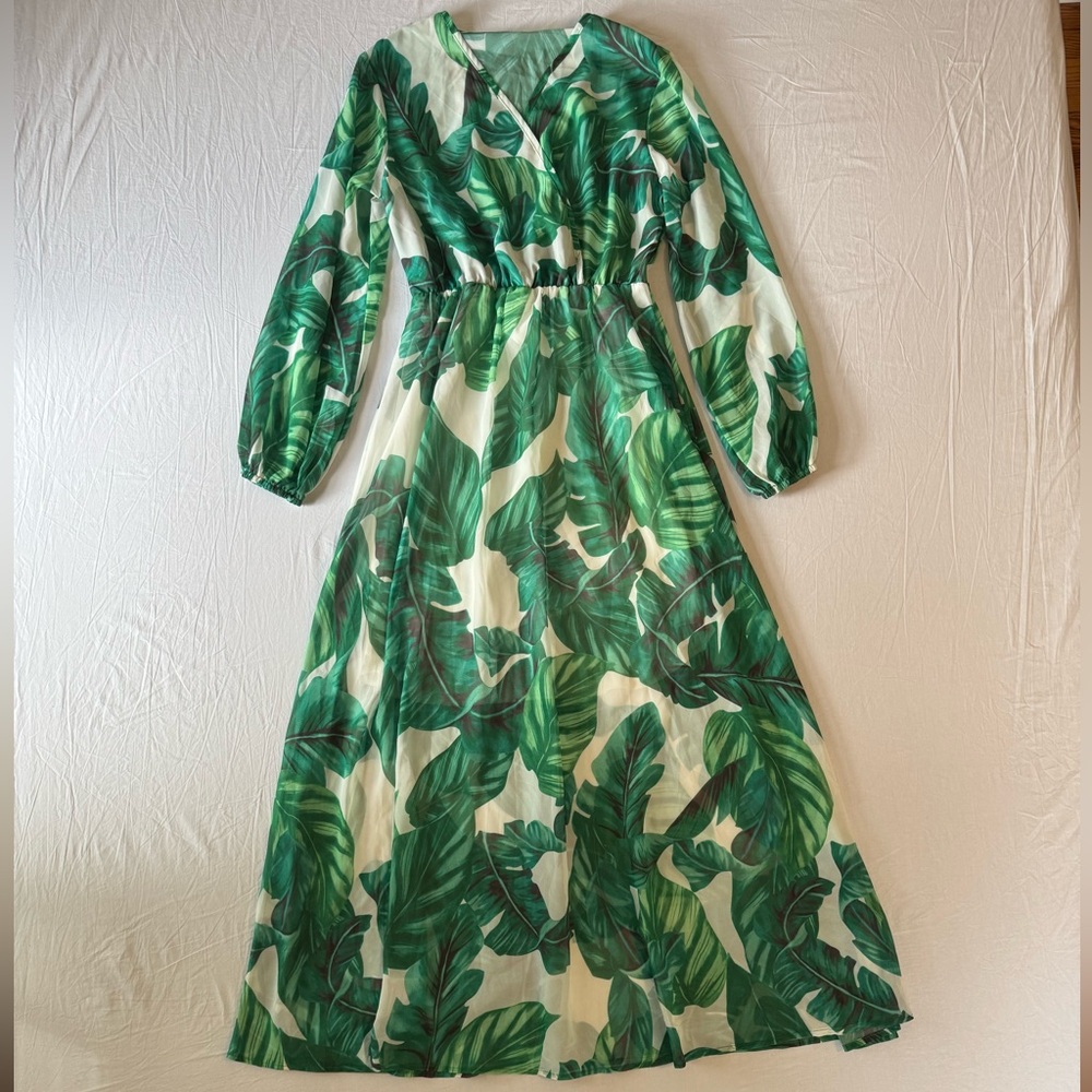 Green Leaf Print Maxi Dress